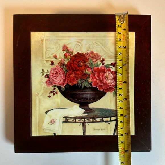 Kathryn White Artist "Linen with Peonies" Floral Framed Wall Tile/Trivet w/Easel - Picture 8 of 11